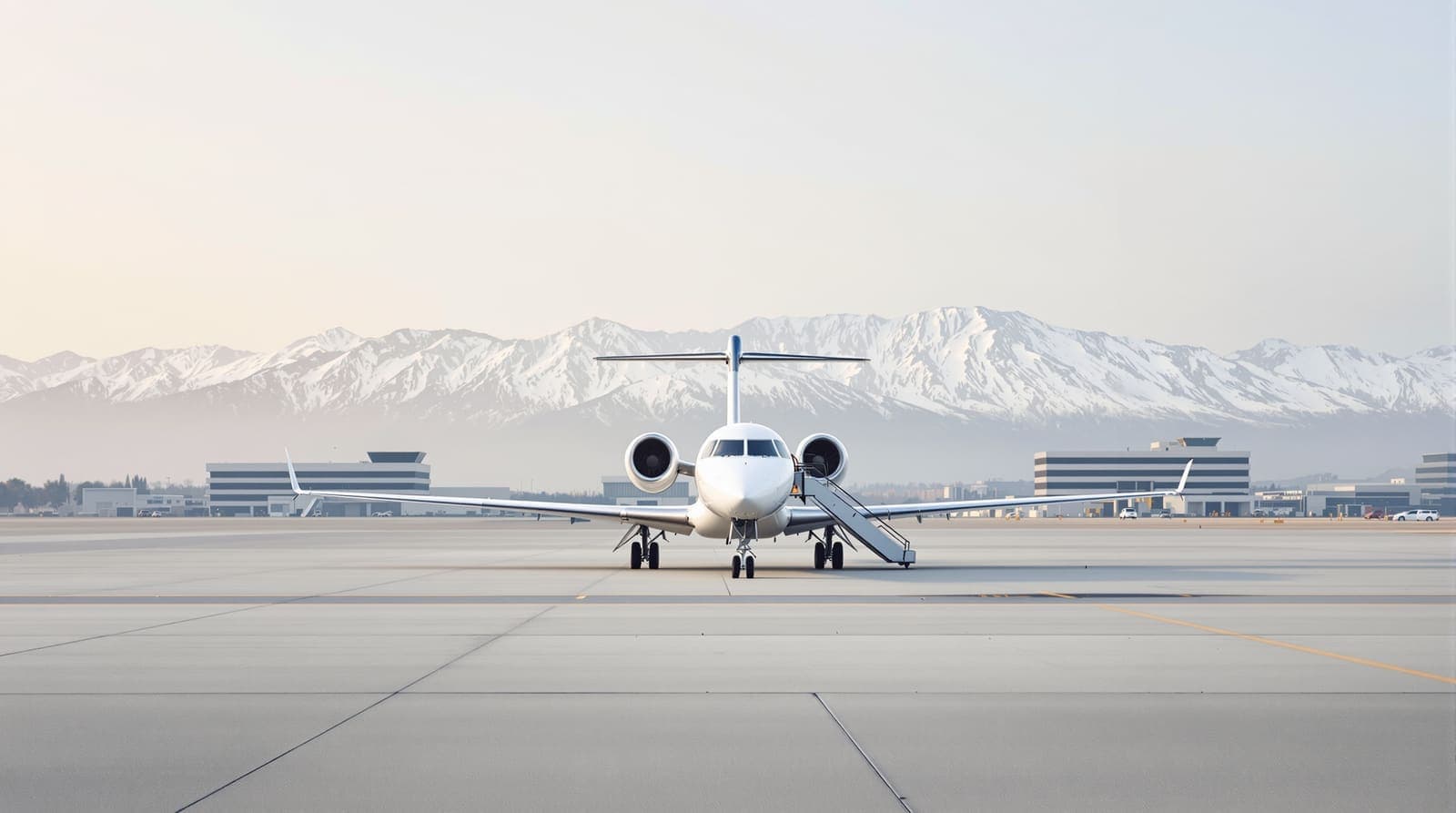 Illustration of a white business jet parked on an airport apron at dawn with hazy mountains rising beyond the runway.