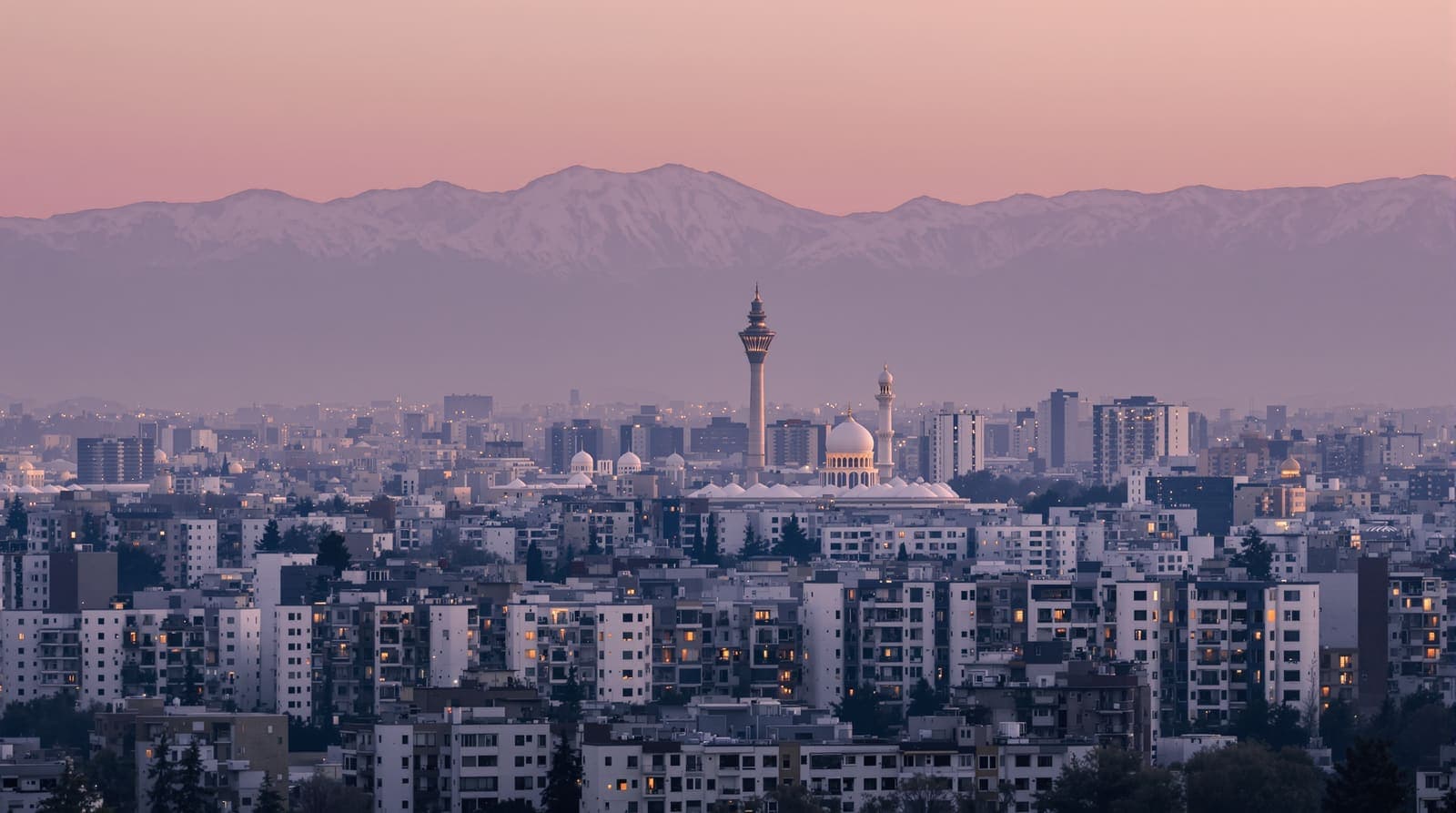 Illustration of the Tehran skyline at dusk beneath the Alborz mountains, seen from a distance in soft haze.