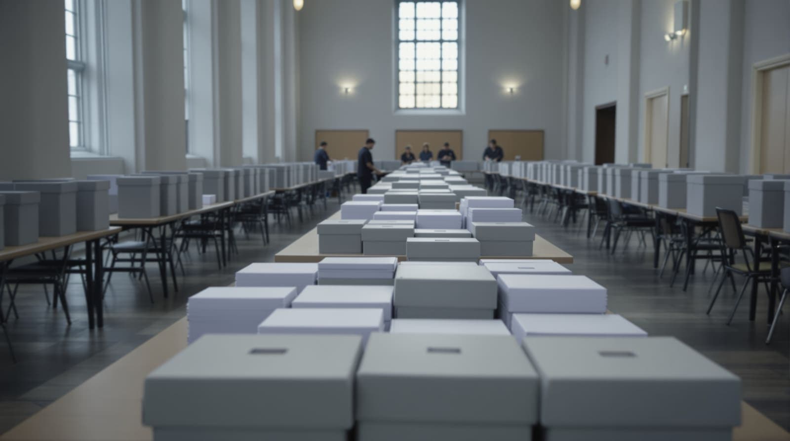 Illustration of a counting hall at dawn with tables of sealed ballot boxes and stacks of blank slips.