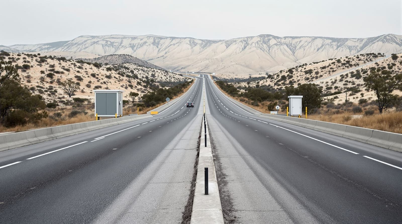 Illustration of an empty highway crossing with plain concrete lanes and booths among limestone hills at dawn.