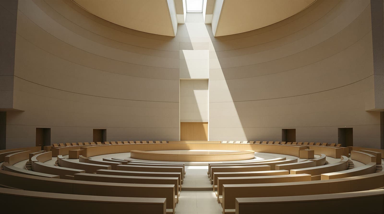 Illustration of an empty Supreme Court chamber in Jerusalem, pale limestone walls and vacant seats in morning light.