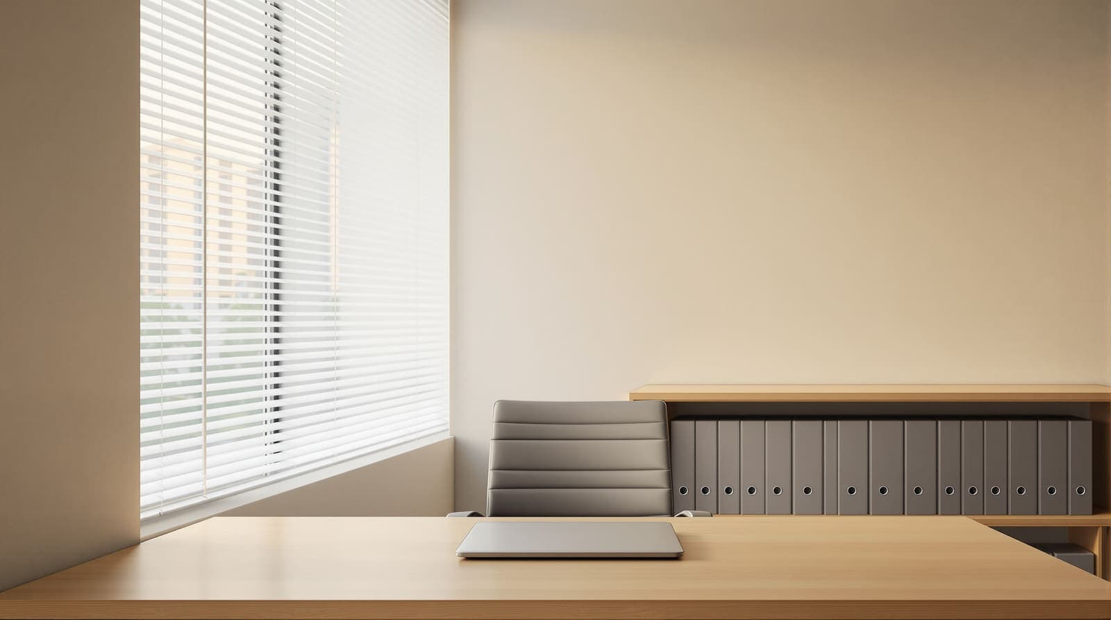 Illustration of an empty accountant's office at dusk with closed box files and a bare desk in a central Israeli town.