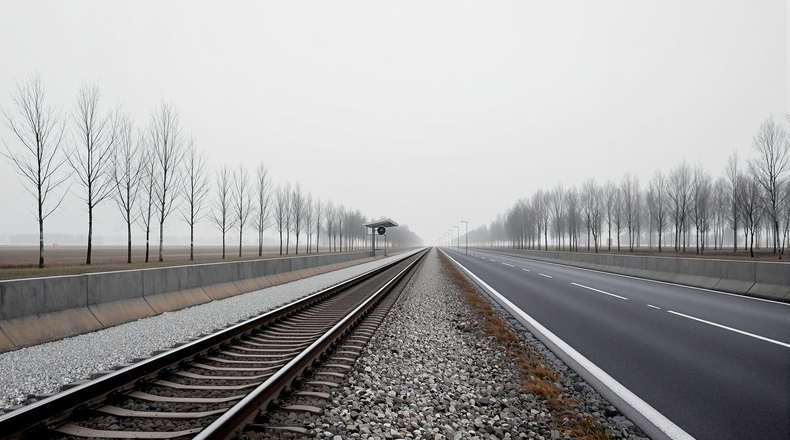 Illustration of an empty road and rail crossing corridor in western Ukraine at dawn, with mist over quiet track and plain concrete barriers.