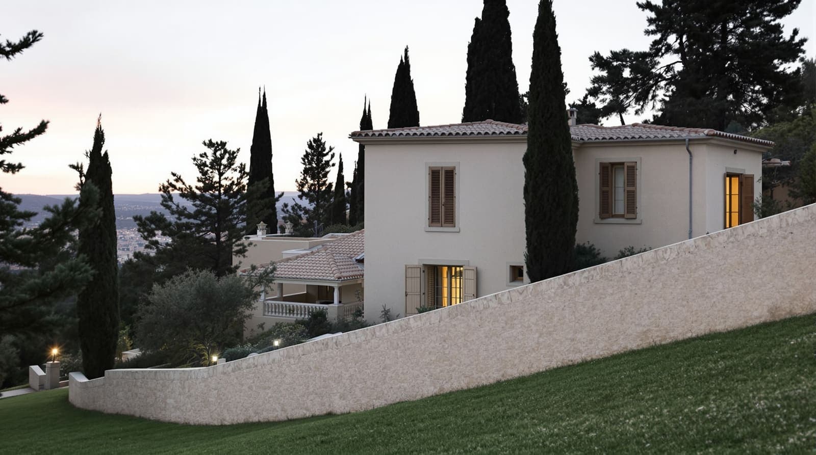 Illustration of a shuttered limestone villa among cypress trees in a quiet Jerusalem neighbourhood at dusk.