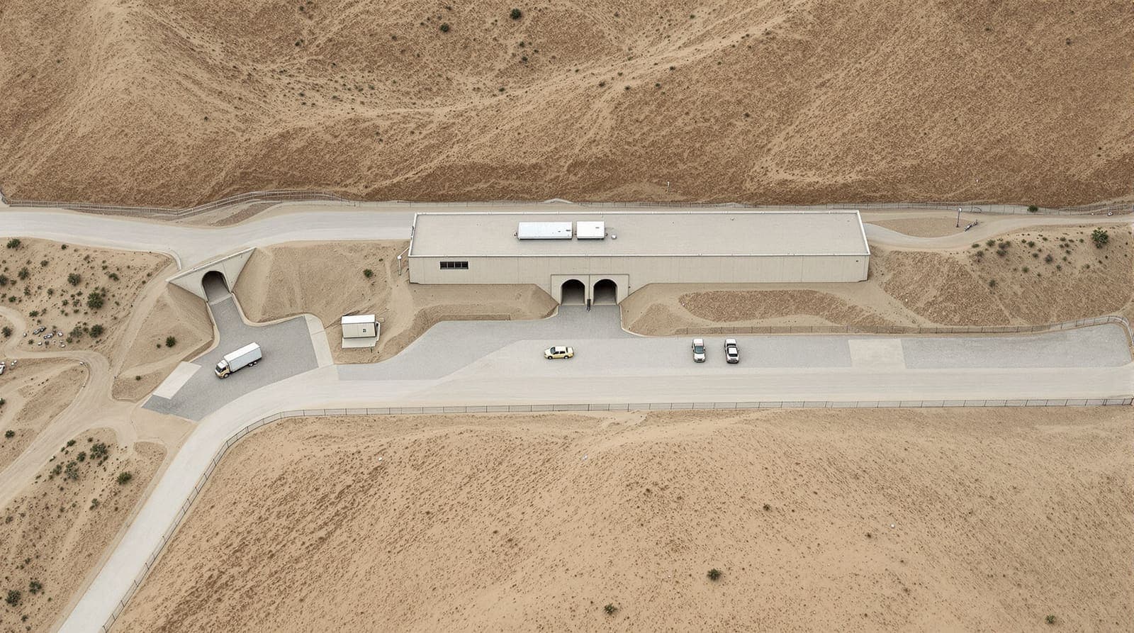 Illustration of an overhead view of a hillside tunnel compound in arid foothills, with trucks and cars parked on a gravel lot beside a fence.