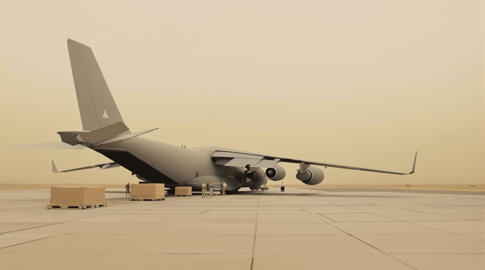 Illustration of a grey military transport aircraft and wrapped cargo pallets on a desert airbase apron at dawn