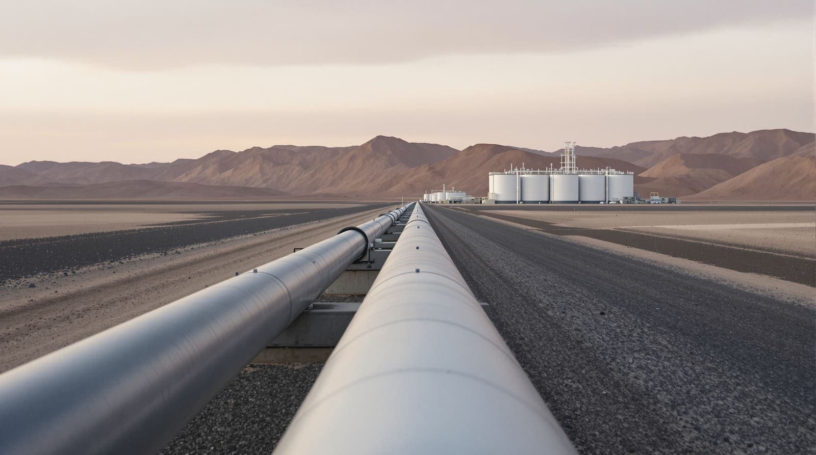 Illustration of a desert crude oil pipeline leading to plain storage tanks at dawn beneath bare ridgelines.