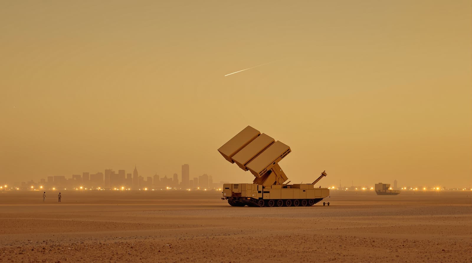 Illustration of an air defence launcher on a desert plain with the Riyadh skyline hazy in the distance at dusk.