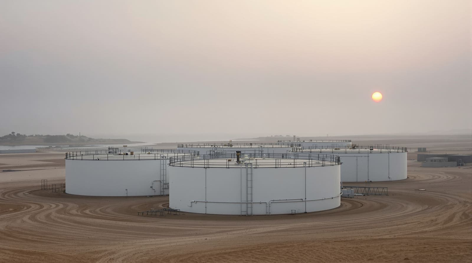Illustration of oil storage tanks at a coastal depot on Yemen's Red Sea shore under hazy dawn light.