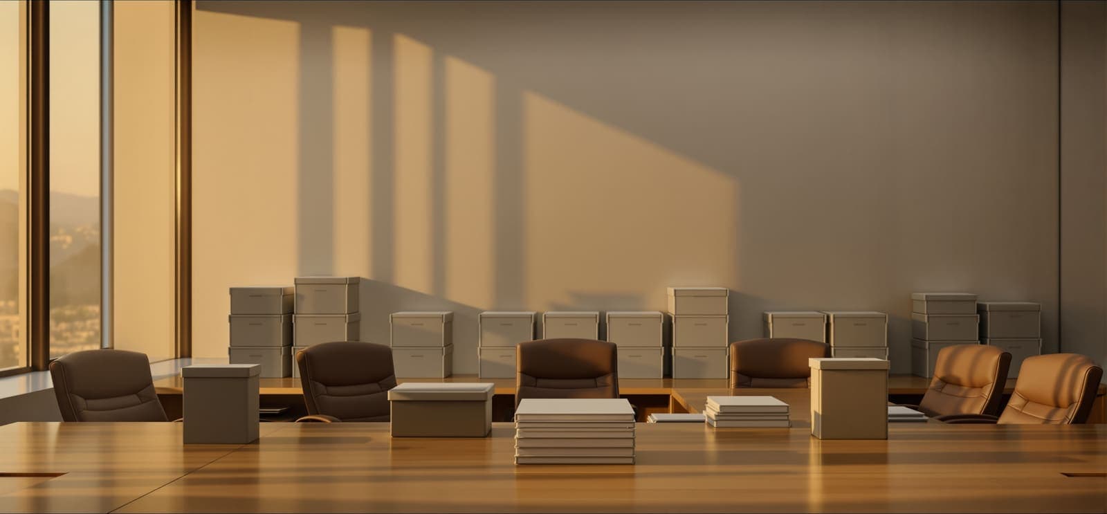 Illustration of an empty government briefing room at dusk with a long conference table and sealed ballot boxes stacked against the wall.