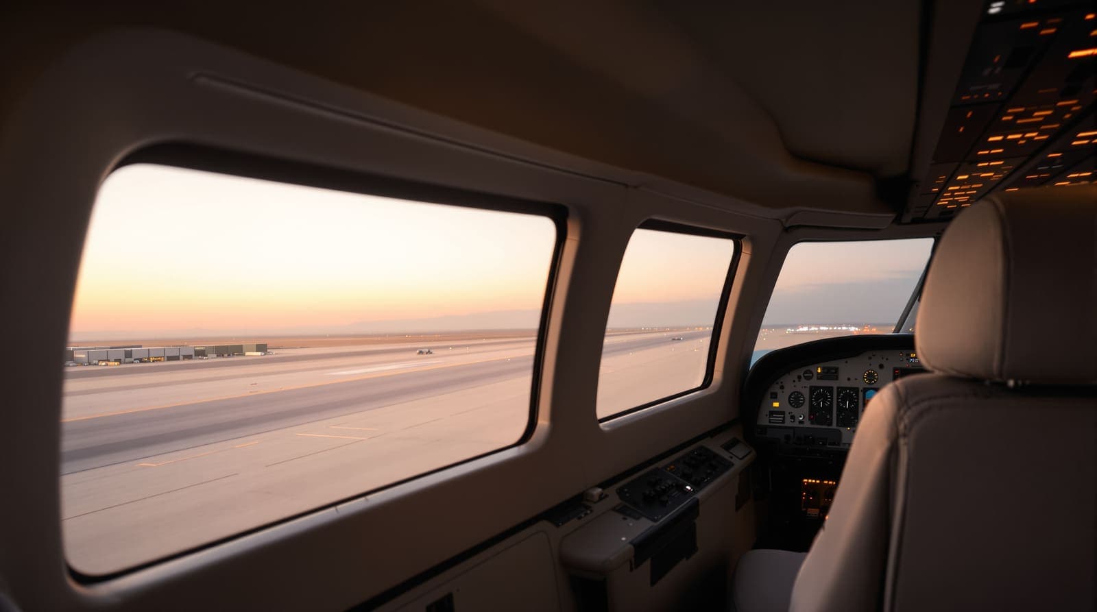 Illustration of an empty airliner cockpit at dusk, its two pilot seats vacant, looking out over a quiet desert runway.