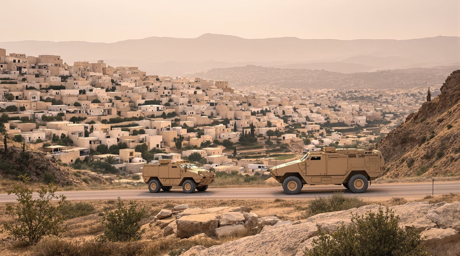 Illustration of limestone hillside houses near Hebron at dawn, with armoured vehicles parked on a dusty road among olive terraces.