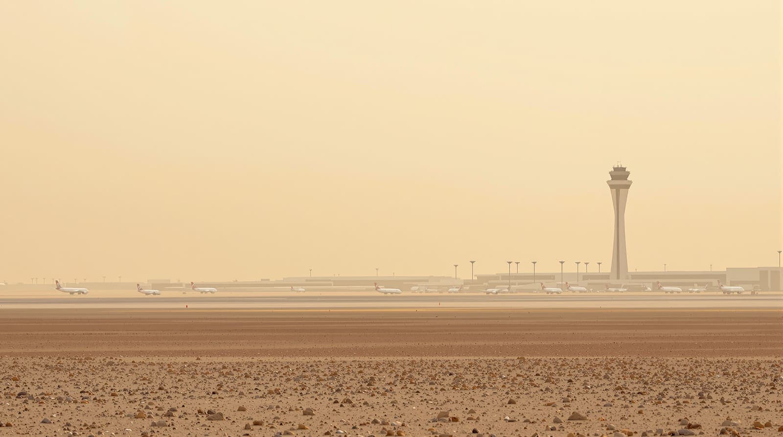 Illustration of a distant airport complex on the desert plain outside Riyadh, seen across gravel scrub in hazy dawn light.