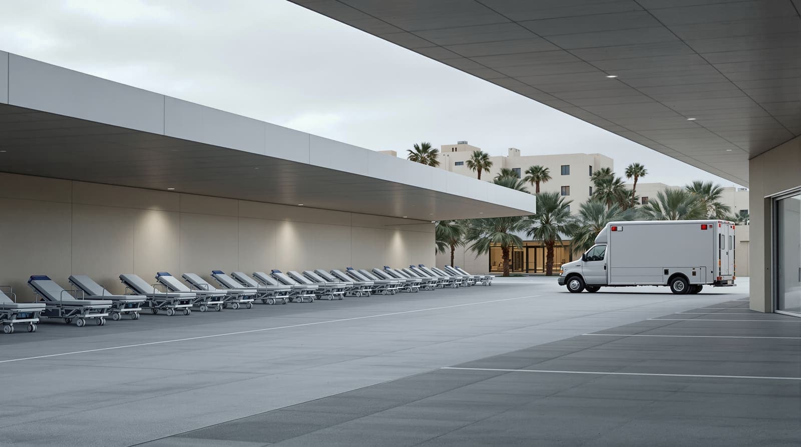 Illustration of a quiet hospital ambulance bay in Beersheba at dawn, with folded stretchers along a pale wall and a parked ambulance.
