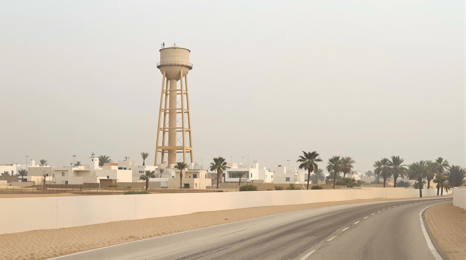 Illustration of a concrete water tower above low rooftops and an empty sandy road in central Gaza at dawn