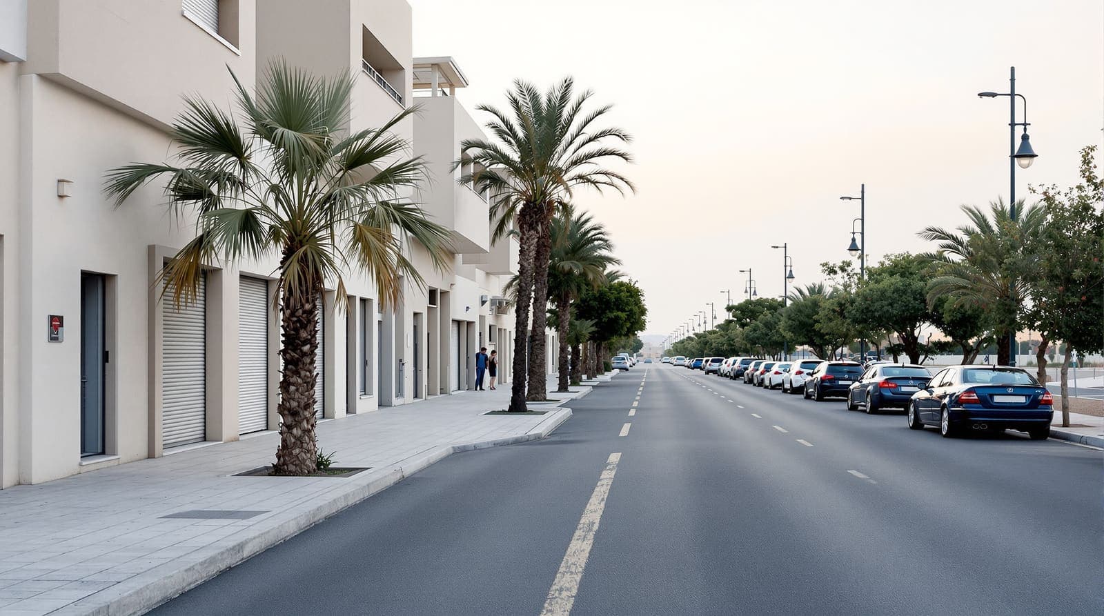 Illustration of a quiet street of pale concrete apartment blocks and palm trees in Ashkelon at dawn under an overcast sky