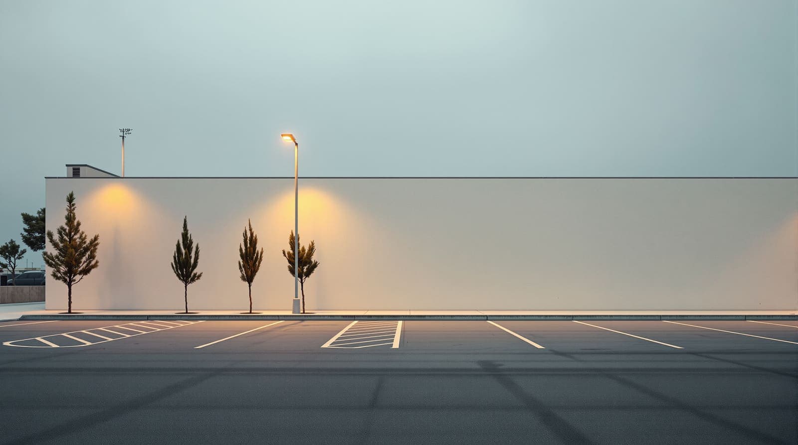 Illustration of an empty parking area beside a plain commercial building in a coastal Israeli town under overcast pre-dawn light.