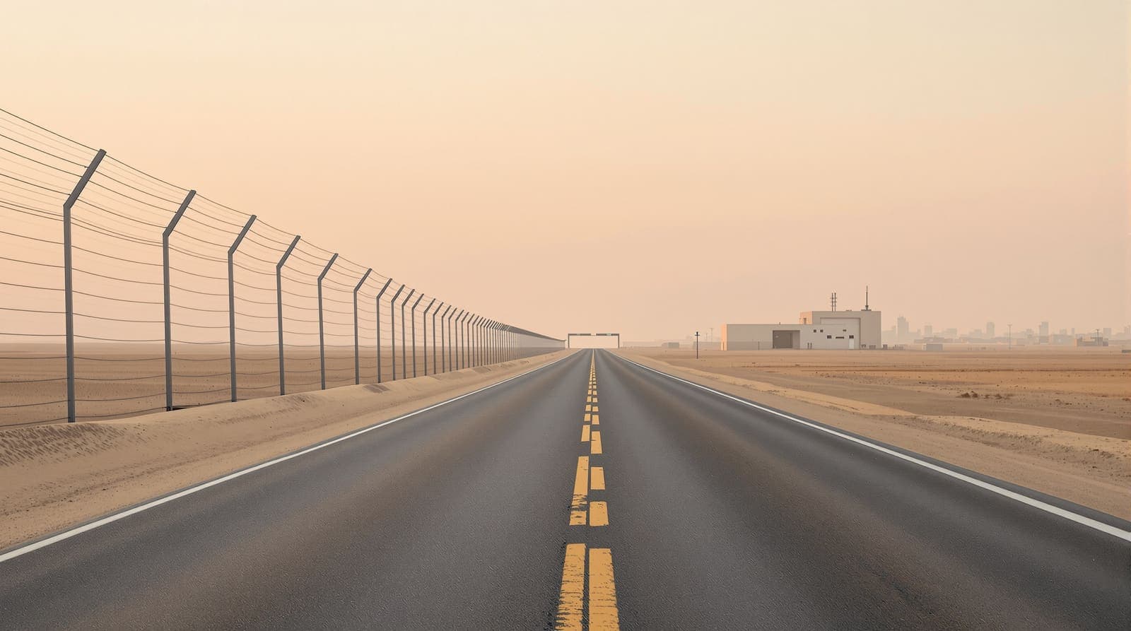 Illustration of an empty road leading to a distant border crossing and fence in the sandy terrain near Gaza at dawn
