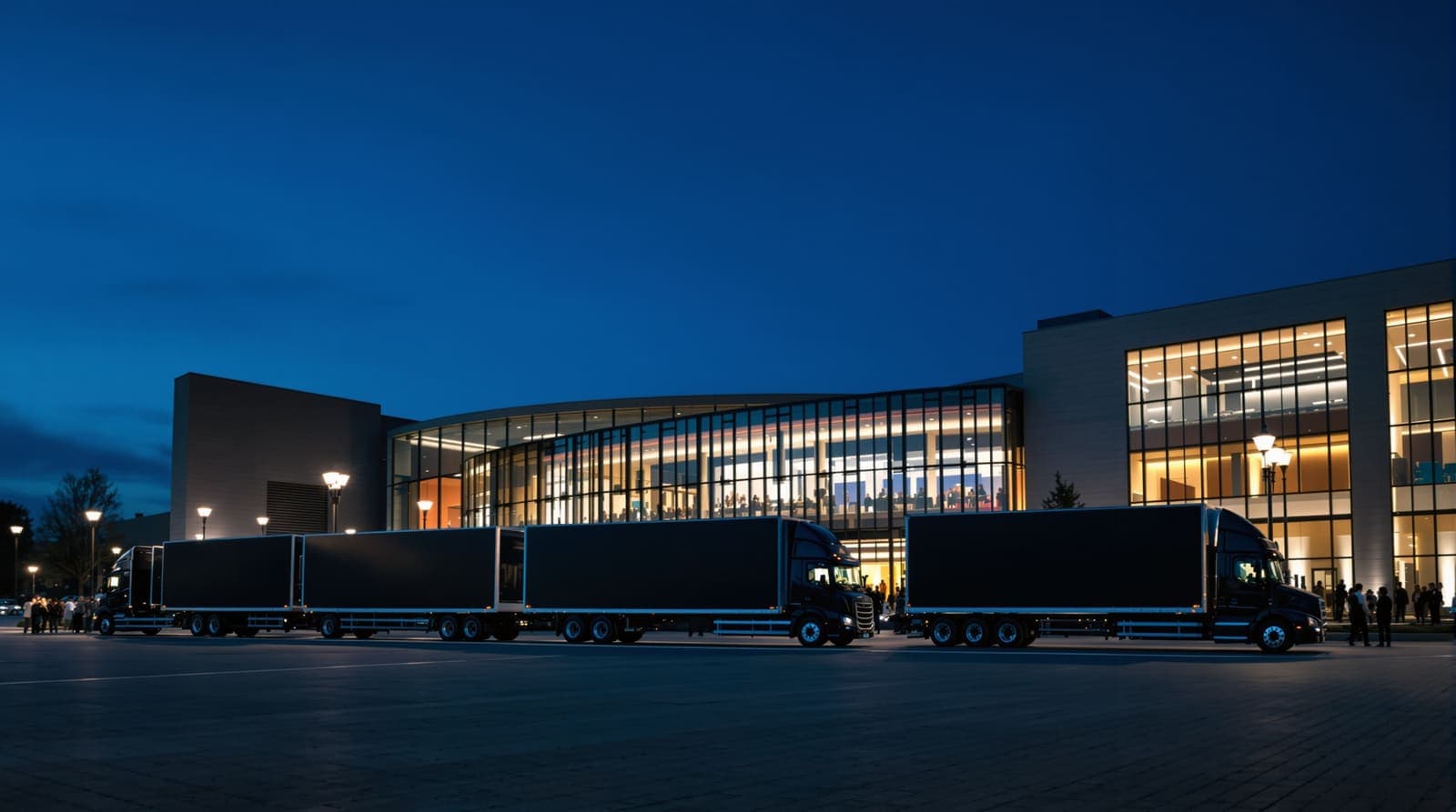 Illustration of parked vehicles outside a lit performing arts plaza at dusk with distant figures gathered nearby.