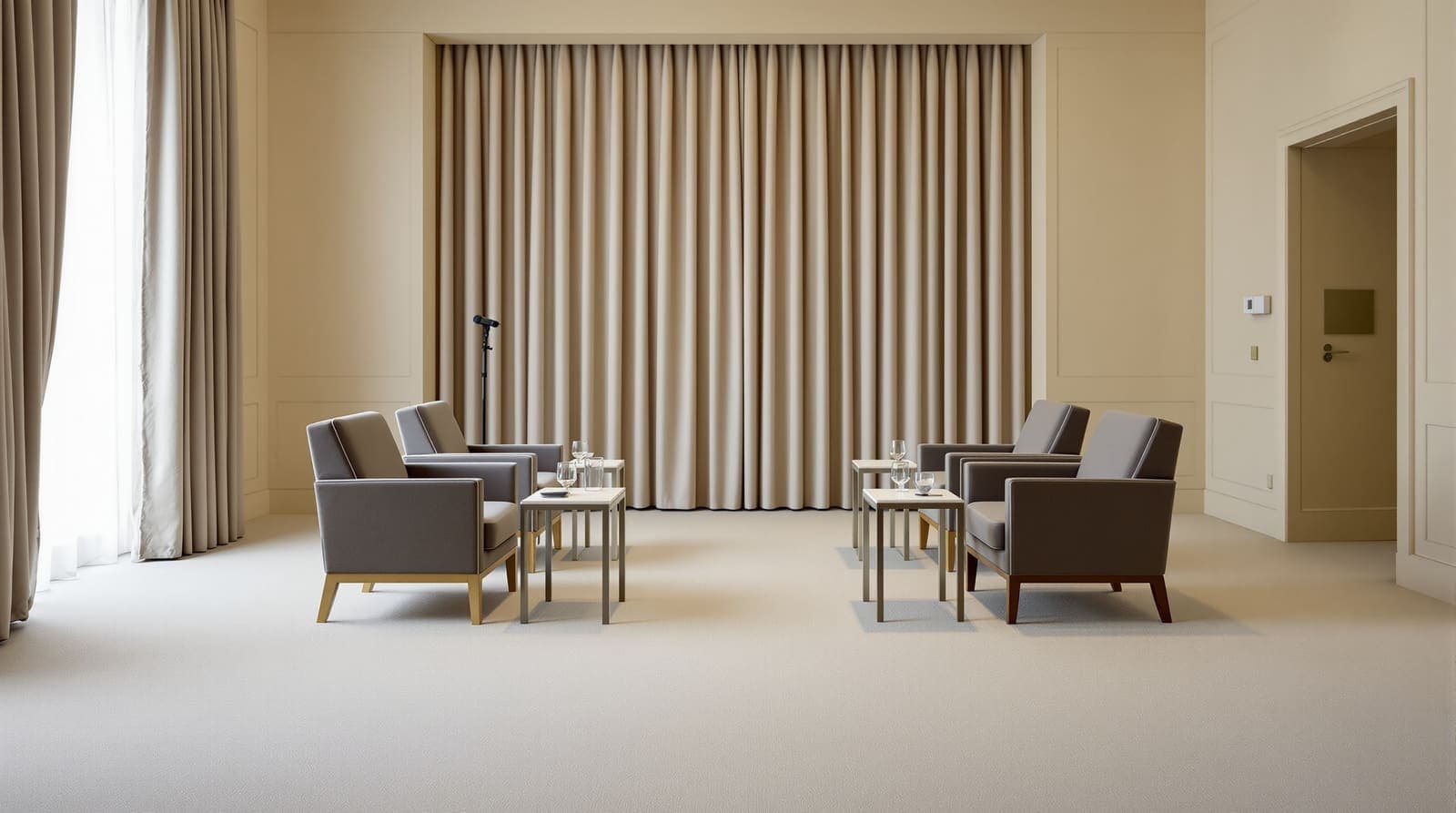 Illustration of an empty diplomatic meeting room with facing rows of armchairs, set for sideline talks in soft daylight.