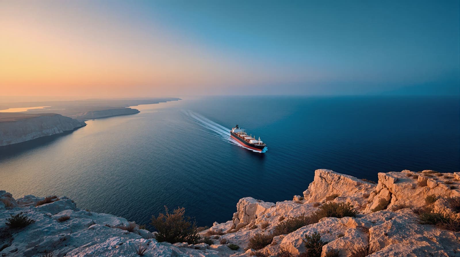 Illustration of the Strait of Hormuz at dusk with a lone tanker crossing calm distant water.
