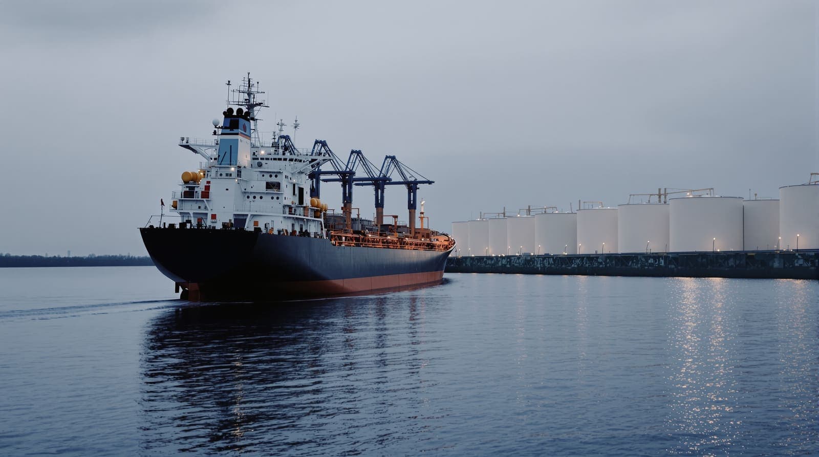 Illustration of a fuel tanker moored at an oil terminal jetty beside storage tanks at dusk.