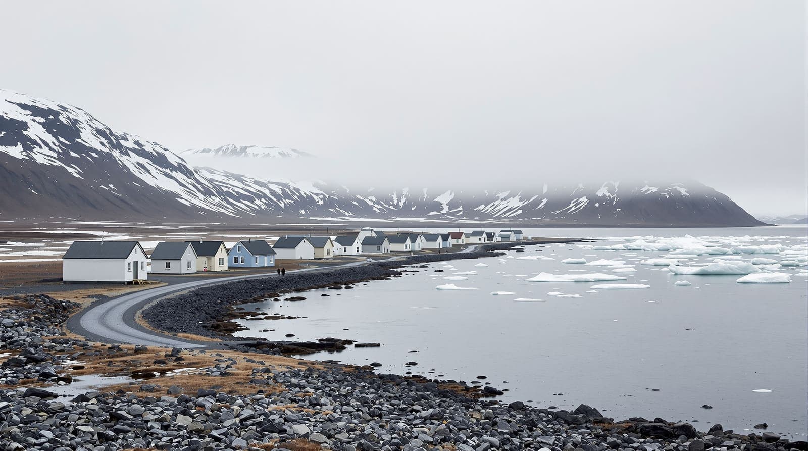 Illustration of a small Arctic settlement of plain timber houses above an icy Greenland fjord under pale overcast light.