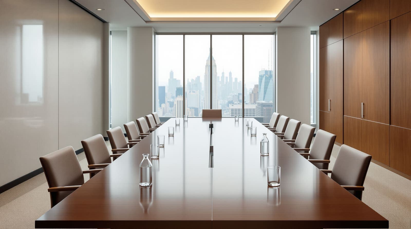Illustration of an empty high-rise meeting room with a long table and vacant chairs overlooking a hazed Manhattan skyline.