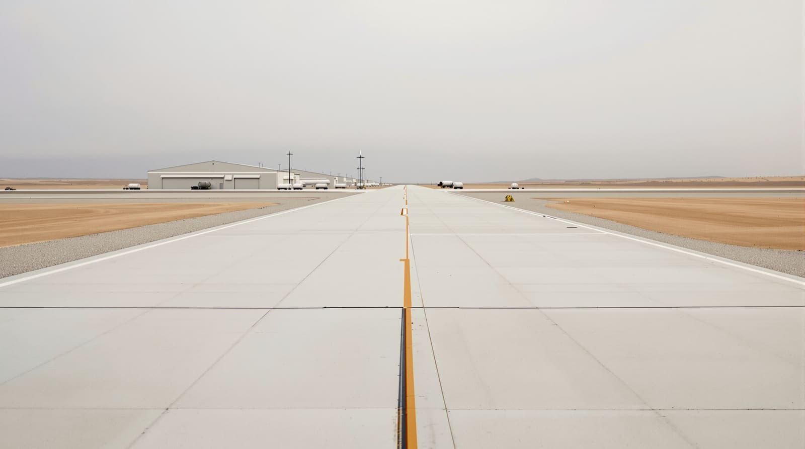 Illustration of an empty desert airstrip apron at dusk, with distant hangars and parked ground equipment under a wide sky.
