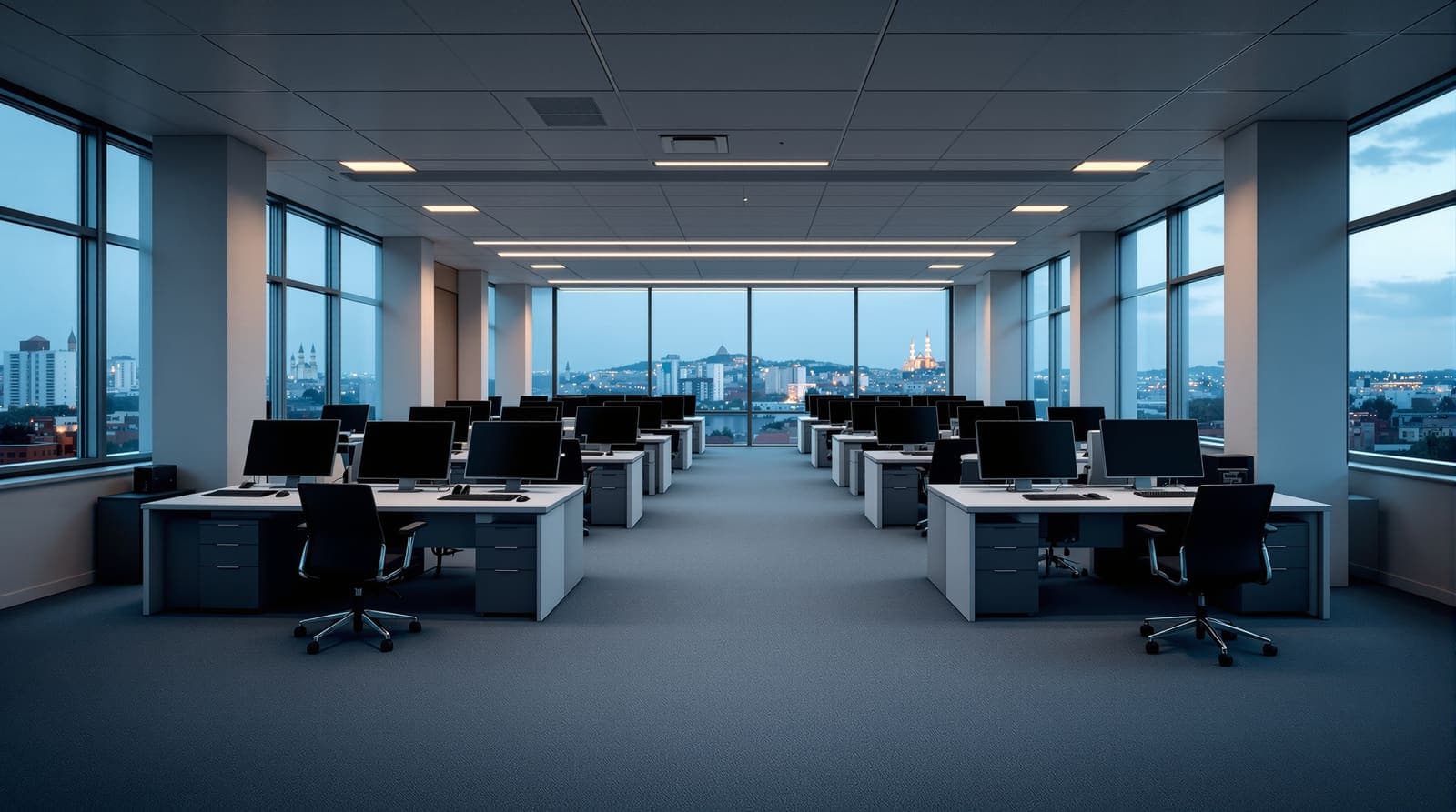 Illustration of an empty open-plan office at dusk with bare desks and a hazy Istanbul skyline beyond the windows.