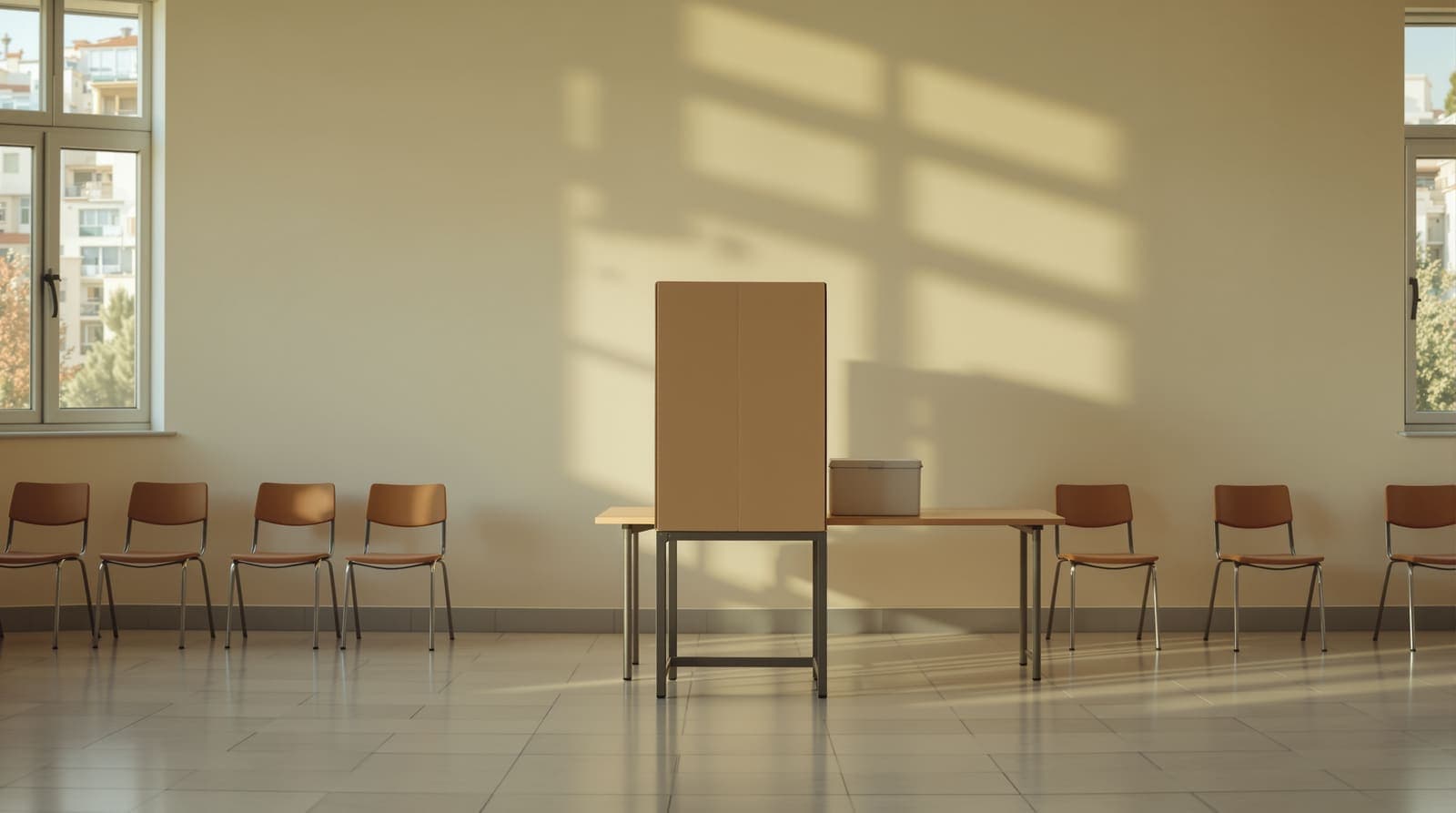 Illustration of a classroom polling station with a voting booth and ballot box in warm late-afternoon light