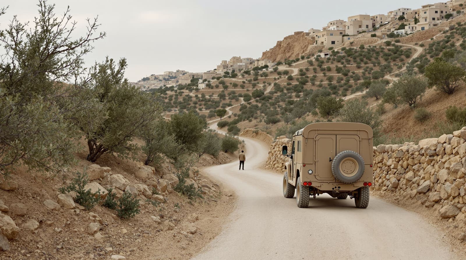 Illustration of olive terraces and a dirt track below a hilltop village in Samaria, with a parked military jeep at dawn.