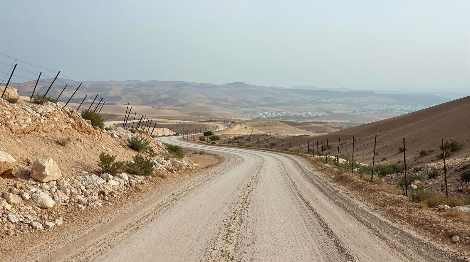 Illustration of an empty dirt track winding through rocky scrub hills near the southern Lebanon border at dawn.