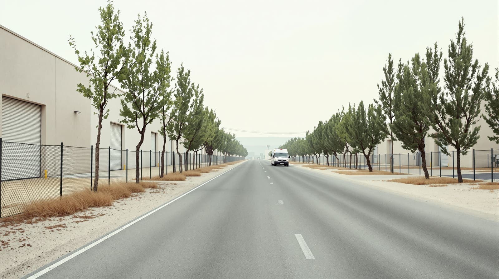 Illustration of a quiet industrial zone street with pale concrete warehouses and eucalyptus trees in central Israel under an overcast sky.