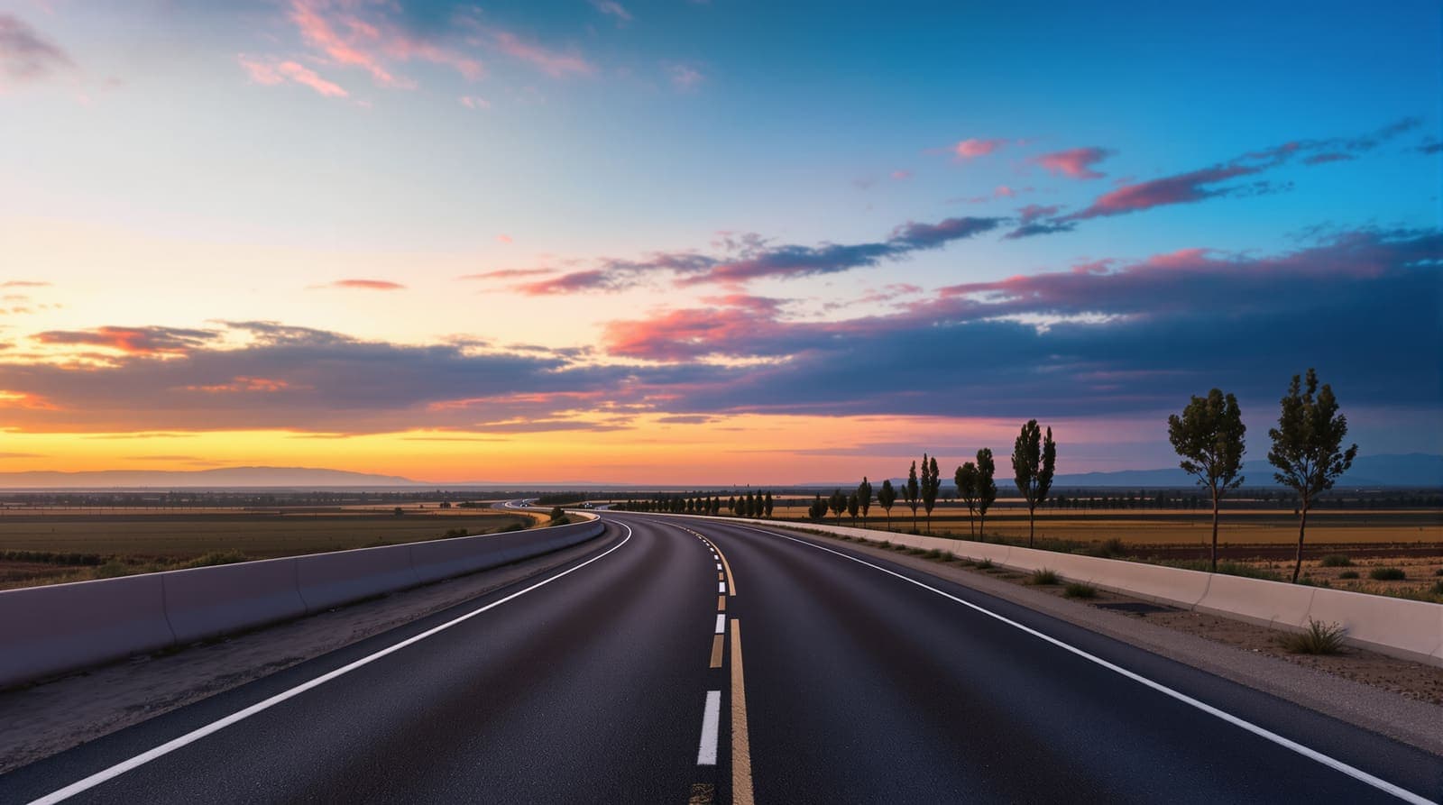 Illustration of a quiet two-lane highway through flat fields and eucalyptus trees in southern Israel at dusk.