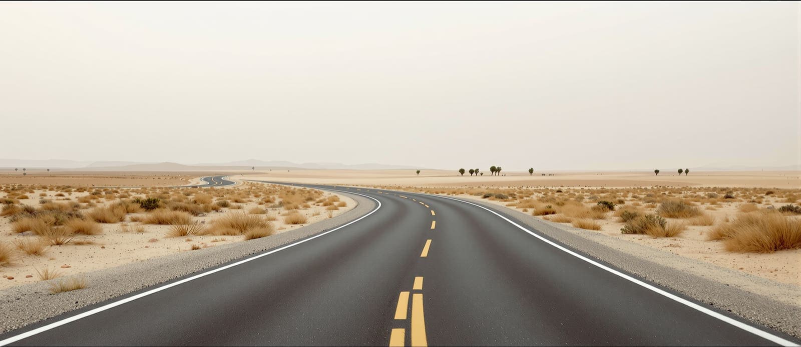 Illustration of an empty two-lane road curving through pale Negev scrubland at dawn beneath an overcast sky, with a distant ridgeline ahead.