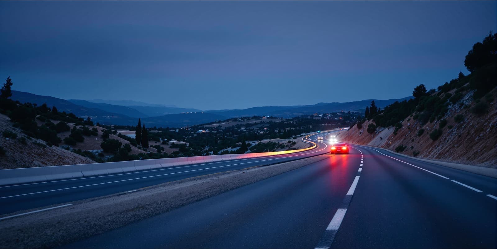 Illustration of the Route 1 highway near Latrun at dusk, winding through pine-covered foothills with a quiet roadside shoulder.