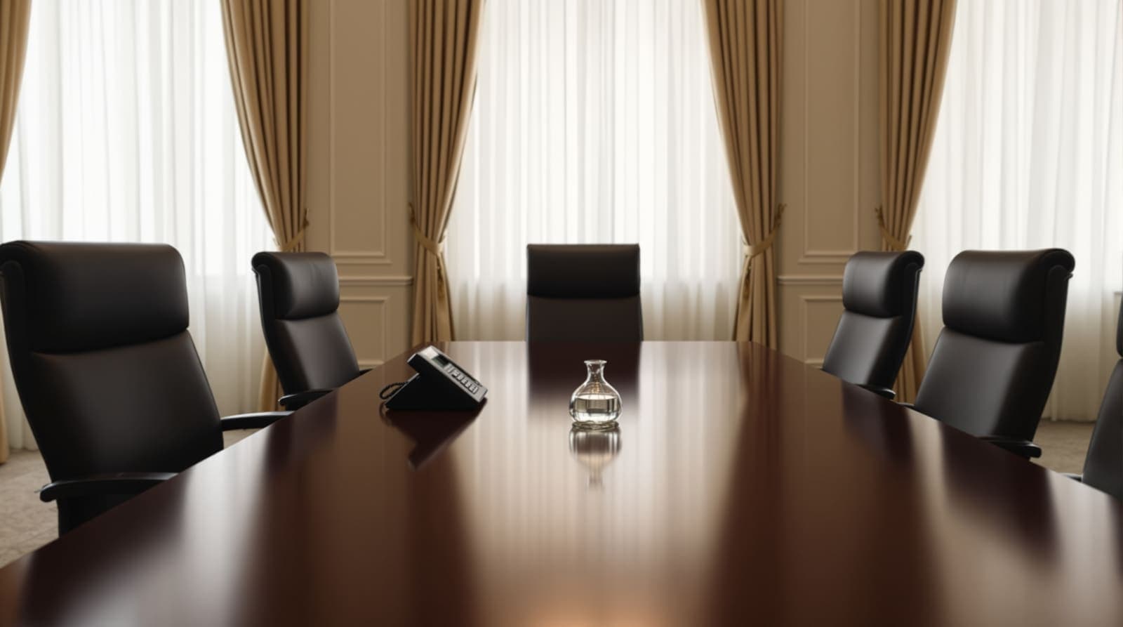 Illustration of an empty government conference room at dawn with a long polished table and a single desk telephone.