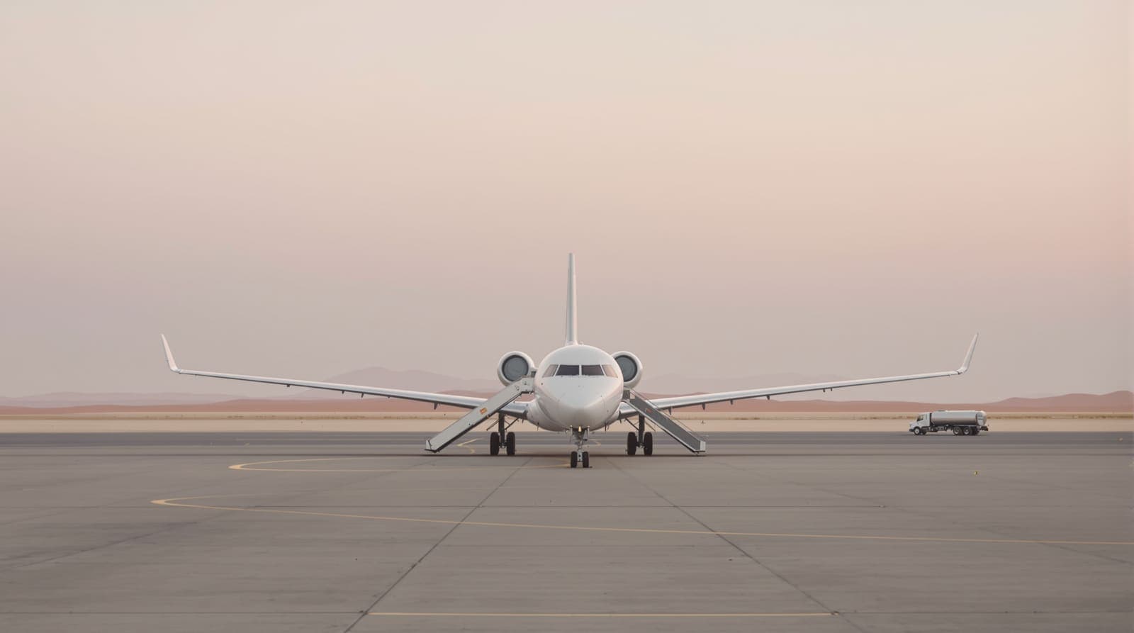 Illustration of a white passenger jet parked alone on a quiet desert airport apron under a pale dawn sky