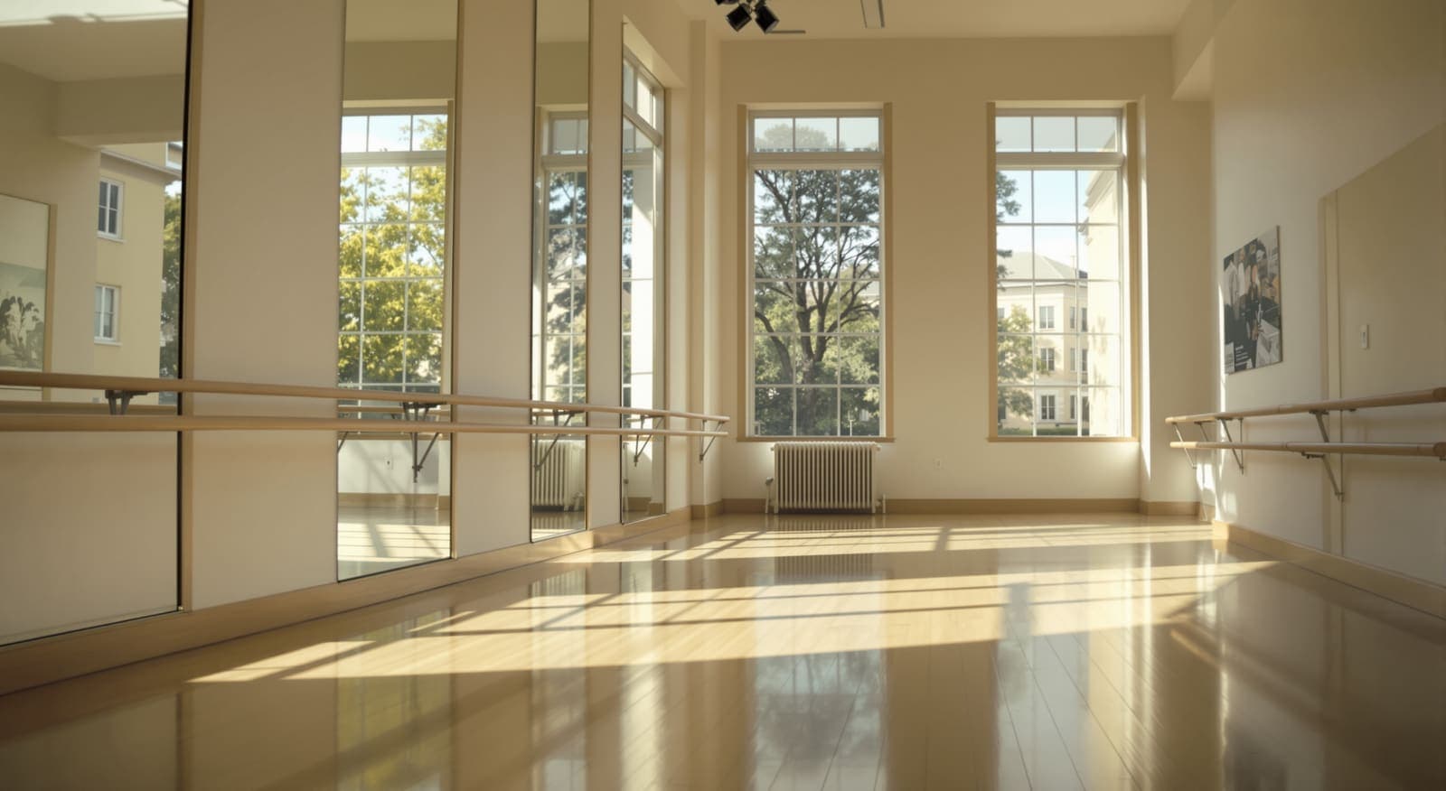 Illustration of an empty university dance studio with a barre and mirrors bathed in morning light.