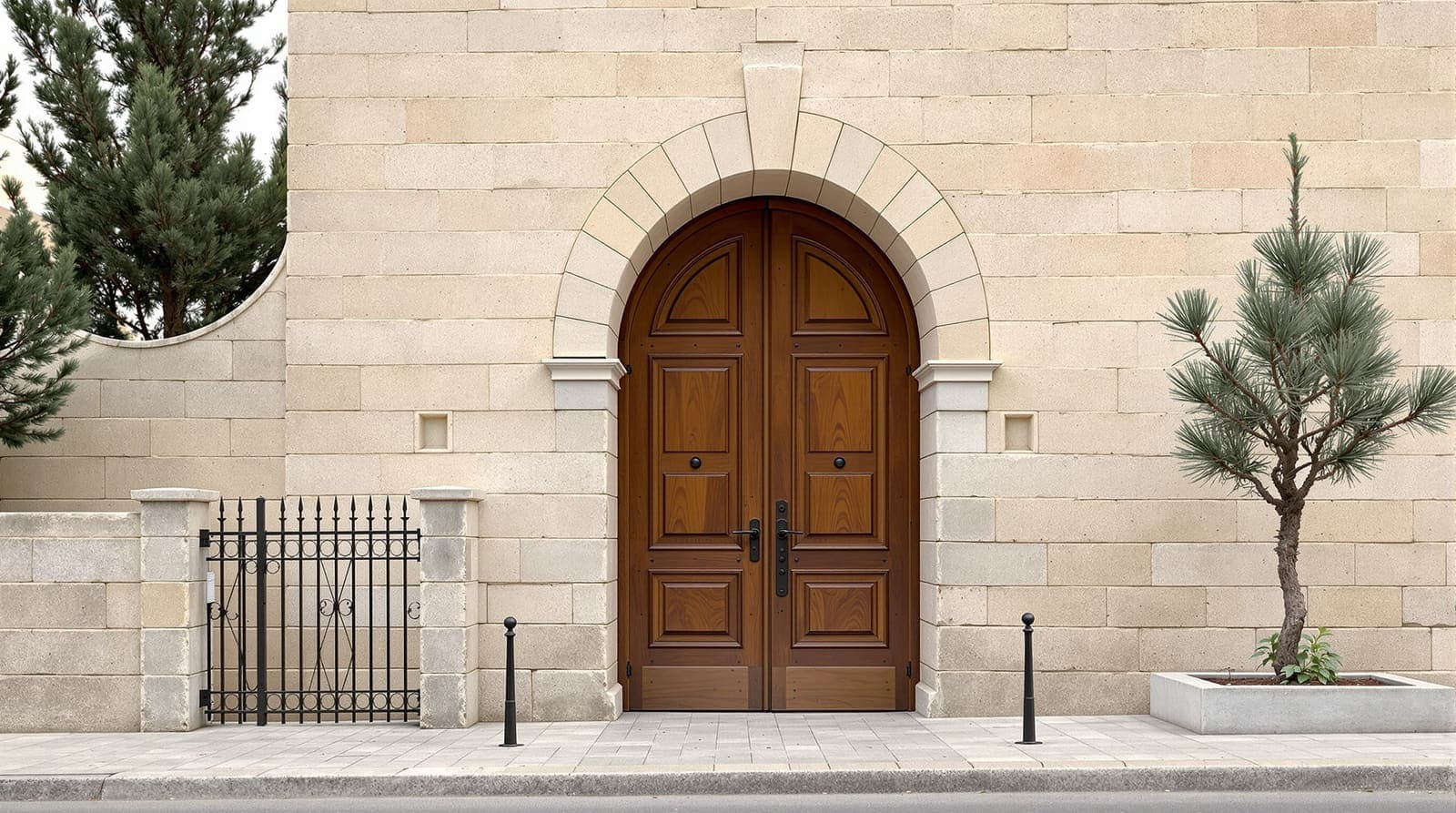 Illustration of the arched entrance and bare limestone wall of an old diplomatic villa in East Jerusalem on an overcast morning