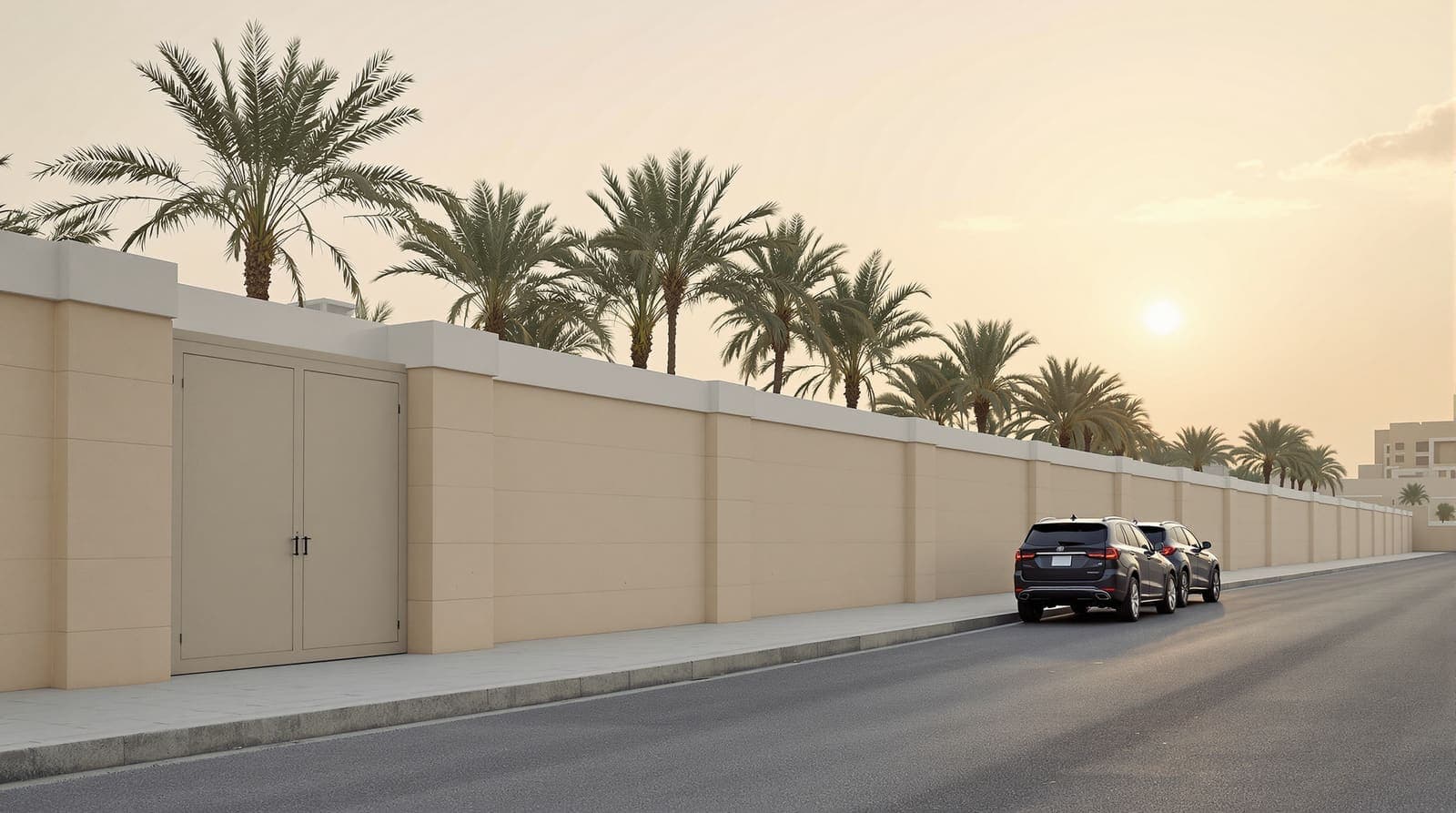 Illustration of a walled diplomatic compound with palms and parked SUVs in a Gulf city at dawn