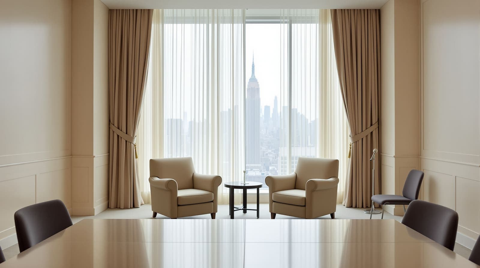 Illustration of an empty bilateral meeting room with two facing armchairs and a distant Manhattan skyline beyond tall windows.