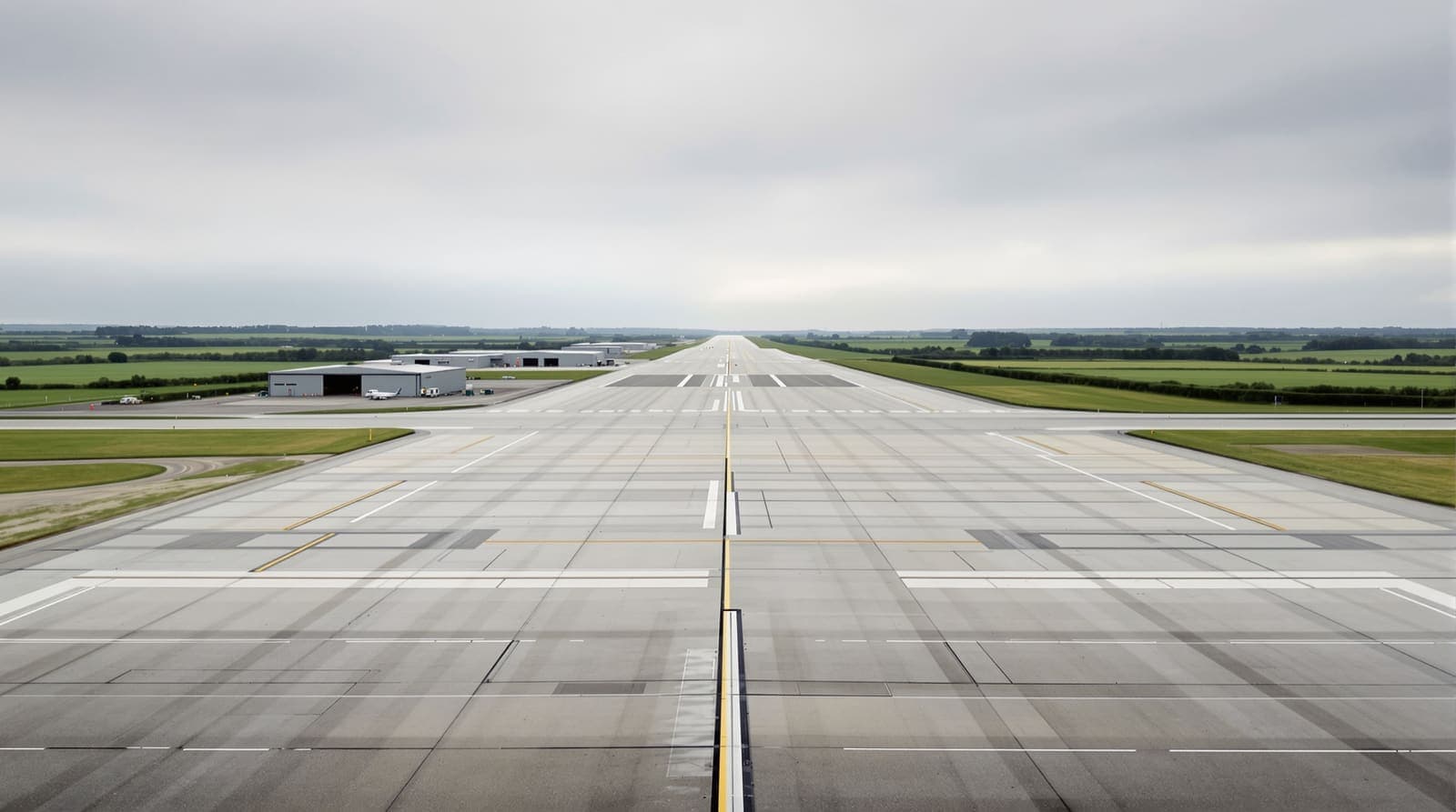 Illustration of an empty runway and concrete apron at an English air base under an overcast dawn sky, with hangars and farmland beyond.