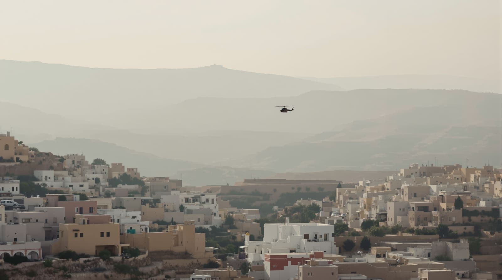 Illustration of a helicopter hovering at dawn above a limestone hill town with olive terraces in the southern West Bank.