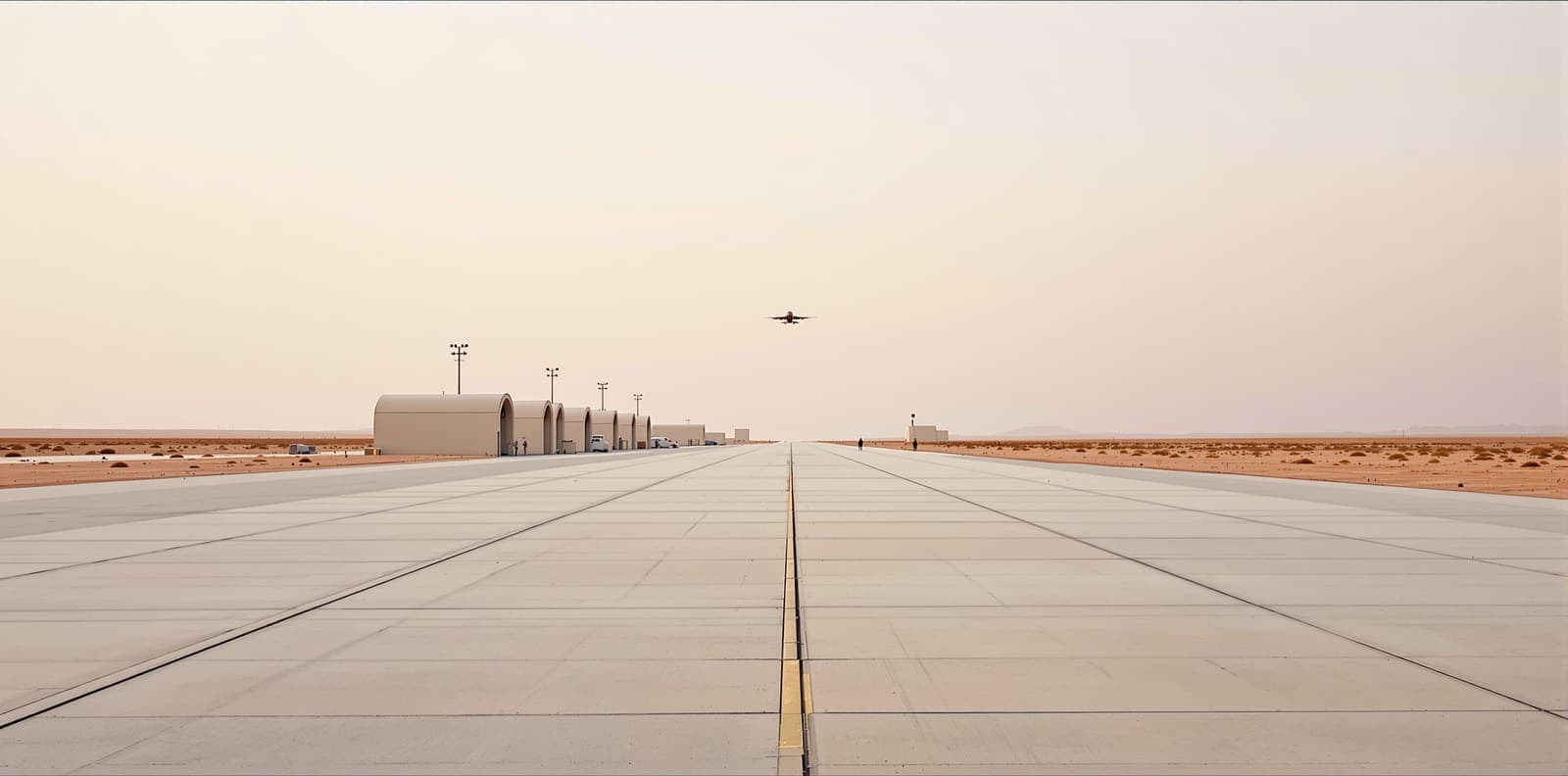 Illustration of an empty desert airbase apron and bare hardened shelters at dawn, with one distant aircraft silhouette high overhead.