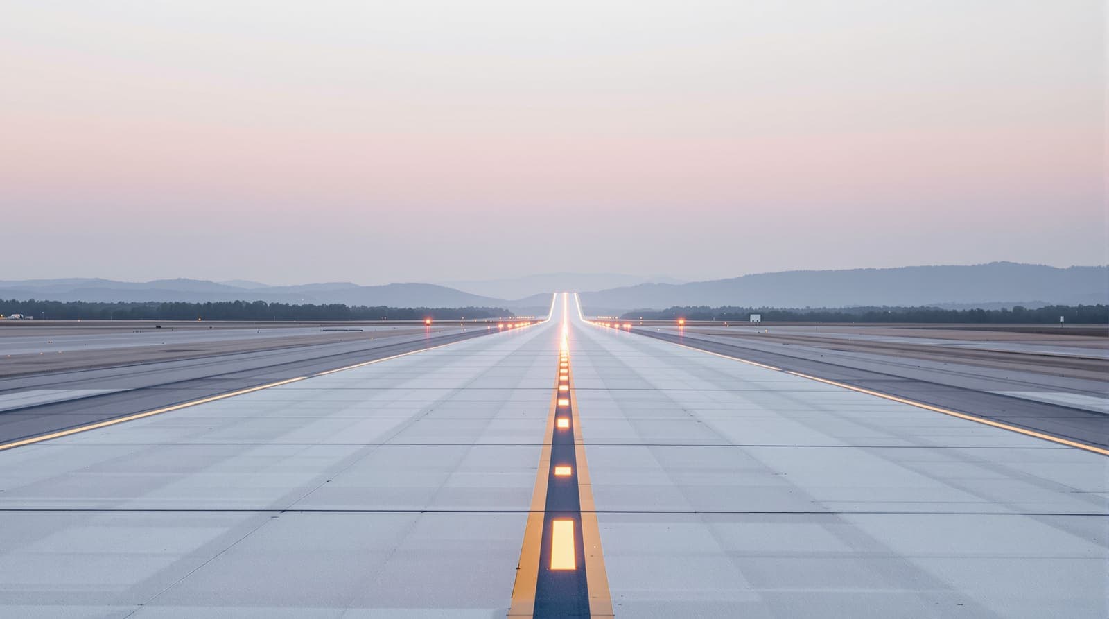 Illustration of an empty airport runway with amber edge lights stretching toward scrub hills under a pale dawn sky.