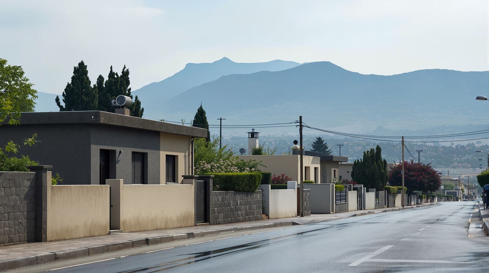 Illustration of a quiet stone-house street in Mas'ade on the Golan Heights under overcast morning light, with Mount Hermon in the distance.