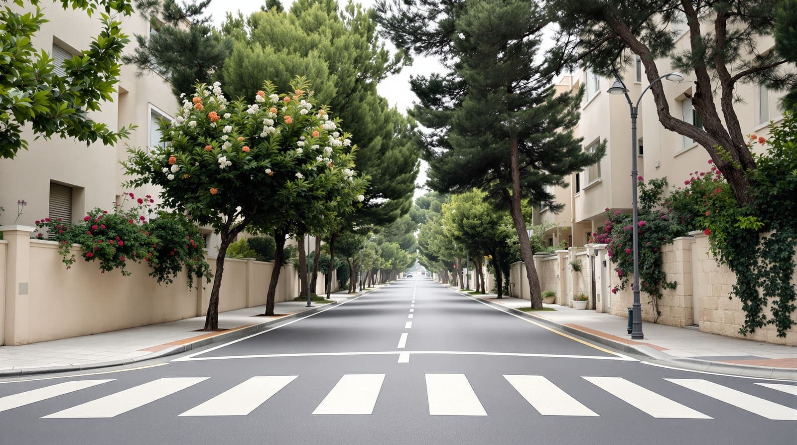 Illustration of a quiet tree-lined street of limestone apartment buildings in Jerusalem's Rehavia neighbourhood on an overcast morning