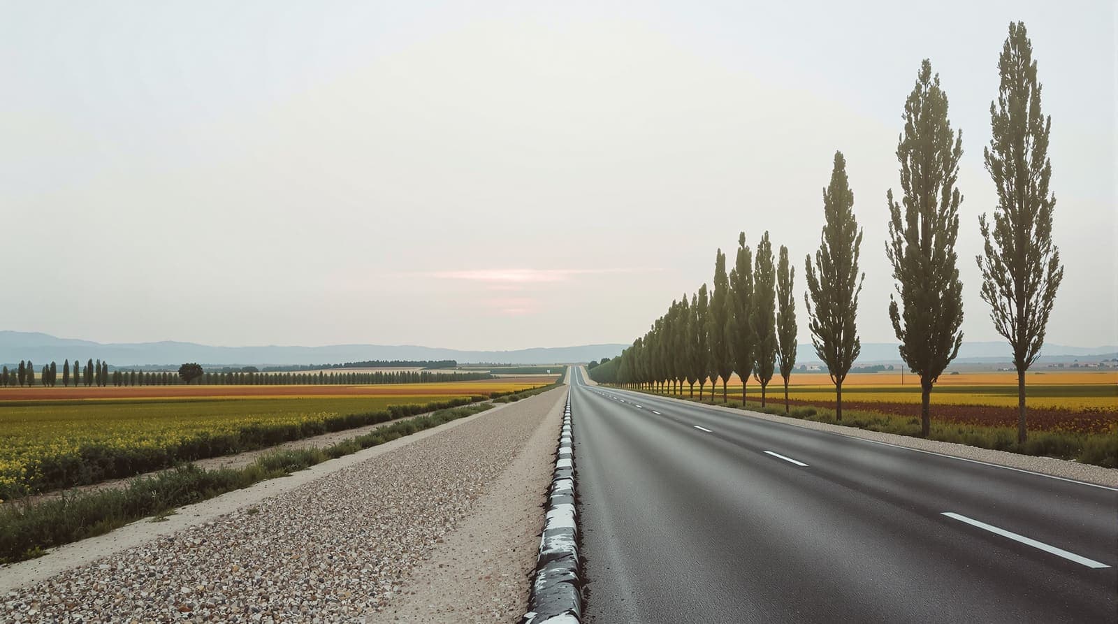 Illustration of an empty rural road lined with eucalyptus trees through farmland in southern Israel at dawn